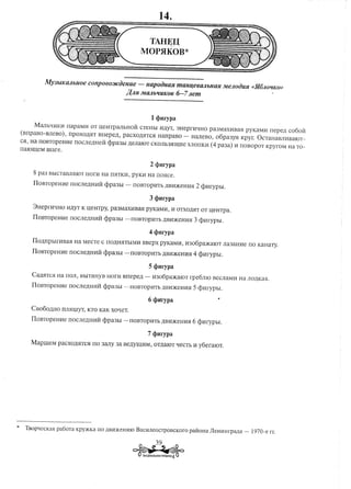 TAHEU         1 '



                                                  MOPHKOB*


         MY3blKMblloe        COnp060J/Ci)ellue    ~   llapoi)llaJl     malllJ,e6MbllaJl   MeJloi)Wl   «Jl6JlOlfKO»

                                            J(.IlR MMblfUK06           6-7 Jlem


                                                          1 <jm:rypa
     MaJIhtII1KI1 rrapaMI1 OT u:eHTpaJIbHOM CTeHbI I1LJ,YT,
                                                          3HeprlItIHO                pa3MaXI1BaH pyKaMI1 IIepeLJ, C060H
(BIIpaBO-BJIeBo),     IIpOXOLJ,HTBIlepeLJ" paCXOLJ,HTCH
                                                      HaIIpaBO -             HaJIeBO, 06pa3YH Kpyr. OCTaHaBJIImalOT-
CH, Ha IIOBTopeHlIe     IIOCJIeLJ,HeHcPpa3bI LJ,eJIalOTCKOJIh3HliIlIe XJIOIIKI1 (4 pa3a)      II rrOBopOT KpyroM Ha TO-
IIalOliIeM mare.

                                                          2 ¢urypa
     8 pa3   BbICTaBJIHIOTHorlI Ha rrHTKlI, pyKlI Ha rrOHce.

     IIoBTOpeHI1e      nOCJIeLJ,HI1HcPpa3bI -                           2
                                                 nOBTOplITh LJ,BIDKeHlIH cPlIrYPhI.

                                                          3 ¢urypa
     3HeprwIHo        lILJ,YT u:eHTPY, pa3MaXI1BaH PYKaMlI, II OTXOLJ,HT OT u:eHTpa.
                            K

     IIoBTopeHlIe      IIOCJIeLJ,HI1HcPpa3hI -iiOBTOpI1Tb      LJ,BI1)KeHlliI3 cPI1ryPbI.

                                                          4 ¢urypa
      IIOLJ,npblrHBaH Ha MeCTe C IIOLJ,HHTbIMlIBBepx PYKaMI1, H306pa)KalOT JIa3aHHe no KaHary.

      IIoBTopeHHe                                                     4
                       IIOCJIeLJ,HHHcPpa3bI - IIOBTOpHTb LJ,BlI)KeHlI5I cPHrYPbI.

                                                          5 ¢urypa
      CaLJ,HTC51 a IIOJI, BbITHHyB
               H                      HorlI BIIepeLJ, -    I1306pa)KaIOT rpe6JIlO BeCJIaMlI Ha JIOLJ,Kax.

      IIoBTopeHlIe     IIOCJIeLJ,HIIMcPpa3bI -iiOBTOpIITb                  5
                                                               LJ,BI1)KeHIIH cj:mrYPbI.



      CB060LJ,HO IIJIHIlIYT, KTO KaK XOtIeT.

      II oBTopeHHe                                                      6
                       IIOCJIeLJ,HIIHcPpa3hI - IIOBTOpIITb LJ,BII)KeHI15I cPIIrYPbI.

                                                          7 ¢urypa
      MapllleM      paCXOLJ,5ITC5I 3aJIY 3a BeLJ,YliIlIM,OTLJ,alOT
                                IIO                              qeCTh II y6eraroT.
 