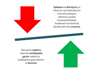 Έμποροι και βιοτέχνες, οι 
οποίοι με την ανάπτυξη του 
ναυτικού εμπορίου 
αποκτούν μεγάλη 
οικονομική δύναμη, 
διεκδικούν την πολιτική 
εξουσία από τους ευγενείς. 
Χρεωμένοι αγρότες 
απαιτούν κατάργηση 
χρεών, καθώς τα 
ανεξόφλητα χρέη οδηγούν 
σε δουλεία. 
 