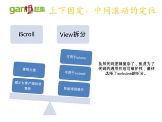 上下固定，中间滚动的定位

iScroll    View拆分



                    虽然代码逻辑复杂了，但是为了
                    代码的通用性与可维护性，最终
                      选择了webview的拆分。
 
