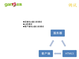 调试


后端与JS接口的调试
UI的调试
客户端与JS接口的调试


                服务器




          客户端         HTML5
 