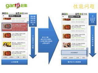 性能问题
         滚动事                             对
         件的简                           android
         体以实                           取消点
         现点击                            击态
          态




          下                              下
          拉       优化方案：                  拉
          滚    1.减少显示条数。                 滚
          动    2.去除消耗性能的                 动
          不       js滚动监听                 不
          流                              畅
          畅




320条数据                     最多显示20条数据
 