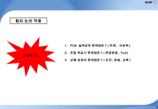 힘의 논리 작용
1. PCB 설계상에 문제점은 ? ( 두께 , 아트웍 )
2. 조립 취급시 문제점은 ? ( 취급방법 , Tool)
3. 납땜 공정의 문제점은 ? ( 조건 , 방법 , 교육 )
납땜불량
7
 