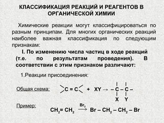 КЛАССИФИКАЦИЯ РЕАКЦИЙ И РЕАГЕНТОВ В ОРГАНИЧЕСКОЙ ХИМИИ Химические реакции могут классифицироваться по разным принципам. Для многих органических реакций наиболее важная классификация по следующим признакам: I . По изменению числа частиц в ходе реакций (т.е. по результатам проведения). В соответствии с этим признаком различают: Общая схема: 1.Реакции присоединения: C  =  C   +  XY  ->  –  C  –  C  –  X   Y Пример: Br 2 СН 2 = СН 2   Br  – СН 2  – СН 2  –  Br 