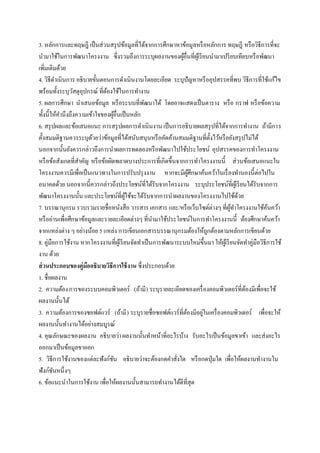3. หลักการและทฤษฎี เป็ นส่วนสรุ ปข้อมูลที่ได้จากการศึกษาหาข้อมูลหรื อหลักการ ทฤษฎี หรื อวิธีการที่จะ
นามาใช้ในการพัฒนาโครงงาน ซึ่งรวมถึงการระบุผลงานของผูอื่นที่ผเู้ รี ยนนามาเปรี ยบเทียบหรื อพัฒนา
                                                              ้
เพิ่มเติมด้วย
4. วิธีดาเนินการ อธิบายขั้นตอนการดาเนินงานโดยละเอียด ระบุปัญหาหรื ออุปสรรคที่พบ วิธีการที่ใช้แก้ไข
พร้อมทั้งระบุวสดุอุปกรณ์ ที่ตองใช้ในการทางาน
                 ั             ้
5. ผลการศึกษา นาเสนอข้อมูล หรื อระบบที่พฒนาได้ โดยอาจแสดงเป็ นตาราง หรื อ กราฟ หรื อข้อความ
                                                ั
ทั้งนี้ให้คานึงถึงความเข้าใจของผูอื่นเป็ นหลัก
                                    ้
6. สรุ ปผลและข้อเสนอแนะ การสรุ ปผลการดาเนินงาน เป็ นการอธิบายผลสรุ ปที่ได้จากการทางาน ถ้ามีการ
ตั้งสมมติฐานควรระบุดวยว่าข้อมูลที่ได้สนับสนุนหรื อคัดค้านสมมติฐานที่ต้งไว้หรื อยังสรุ ปไม่ได้
                        ้                                                  ั
นอกจากนั้นยังควรกล่าวถึงการนาผลการทดลองหรื อพัฒนาไปใช้ประโยชน์ อุปสรรคของการทาโครงงาน
หรื อข้อสังเกตที่สาคัญ หรื อข้อผิดพลาดบางประการที่เกิดขึ้นจากการทาโครงงานนี้ ส่ วนข้อเสนอแนะใน
โครงงานควรมีเพื่อเป็ นแนวทางในการปรับปรุ งงาน หากจะมีผศึกษาค้นคว้าในเรื่ องทานองนี้ต่อไปใน
                                                                  ู้
อนาคตด้วย นอกจากนี้ควรกล่าวถึงประโยชน์ที่ได้รับจากโครงงาน ระบุประโยชน์ที่ผเู้ รี ยนได้รับจากการ
พัฒนาโครงงานนั้น และประโยชน์ที่ผใช้จะได้รับจากการนาผลงานของโครงงานไปใช้ดวย
                                         ู้                                               ้
7. บรรณานุกรม รวบรวมรายชื่อหนังสือ วารสาร เอกสาร และ/หรื อเว็บไซต์ต่างๆ ที่ผทาโครงงานใช้คนคว้า
                                                                                       ู้               ้
หรื ออ่านเพื่อศึกษาข้อมูลและรายละเอียดต่างๆ ที่นามาใช้ประโยชน์ในการทาโครงงานนี้ ต้องศึกษาค้นคว้า
จากแหล่งต่าง ๆ อย่างน้อย 5 แหล่ง การเขียนเอกสารบรรณานุกรมต้องให้ถกต้องตามหลักการเขียนด้วย
                                                                         ู
8. คู่มือการใช้งาน หากโครงงานที่ผเู้ รี ยนจัดทาเป็ นการพัฒนาระบบใหม่ข้ ึนมา ให้ผเู้ รี ยนจัดทาคู่มือวิธีการใช้
งาน ด้วย
ส่ วนประกอบของคู่มออธิบายวิธีการใช้ งาน ซึ่งประกอบด้วย
                      ื
1. ชื่อผลงาน
2. ความต้อง การของระบบคอมพิวเตอร์ (ถ้ามี ) ระบุรายละเอียดของเครื่ องคอมพิวเตอร์ที่ตองมีเพื่อจะใช้
                                                                                             ้
ผลงานนั้นได้
3. ความต้องการของซอฟต์แวร์ (ถ้ามี ) ระบุรายชื่อซอฟต์แวร์ที่ตองมีอยูในเครื่ องคอมพิวเตอร์ เพื่อจะให้
                                                                ้    ่
ผลงานนั้นทางานได้อย่างสมบูรณ์
4. คุณลักษณะของผลงาน อธิบายว่า ผลงานนั้นทาหน้าที่อะไรบ้าง รับอะไรเป็ นข้อมูลขาเข้า และส่งอะไร
ออกมาเป็ นข้อมูลขาออก
5. วิธีการใช้งานของแต่ละฟังก์ชน อธิบายว่าจะต้องกดคาสังใด หรื อกดปุ่ มใด เพื่อให้ผลงานทางานใน
                                  ั                         ่
ฟังก์ชนหนึ่งๆ
        ั
6. ข้อแนะนาในการใช้งาน เพื่อให้ผลงานนั้นสามารถทางานได้ดีที่สุด
 