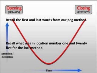 Recall the first and last words from our peg method.
Recall what was in location number one and twenty
five for the loci method.
 