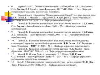  6 Вербовська Л. С. Основи підприємництва : курсова робота / Л. С. Вербовська,
Є. А. Ревтюк, П. І. Дикий. – Івано-Франківськ : ІФНТУНГ, 2006. – 15 с. – (Кафедра
управління регіональним економічним розвитком).
 7 Вправи і задачі з дисципліни "Основи економічної теорії" : для студ. неекон. спец.
/ Л. Є. Сімків, Р. Т. Мацьків, І. І. Проданова, С. Я. Кісь [та ін.]. – Івано-Франківськ :
ІФНТУНГ Факел, 2005. – 107 с. – (Кафедра економічної теорії).
 8 Галюк І. Б. Економіка інформаційної діяльності : метод. вказівки / І. Б. Галюк,
Є. А. Ревтюк. – Івано-Франківськ : Факел, 2006. – 25 с. – (Кафедра управління
виробництвом).
 9 Галюк І. Б. Економіка інформаційної діяльності : метод. вказівки / І. Б. Галюк,
Л. С. Тараєвська. – Івано-Франківськ : Факел, 2008. – 51 с. – (Кафедра управління
виробництвом).
 10 Галюк І. Б. Економіка інформаційної діяльності : метод. вказівки для студ.
стаціонарної, заочної та дистанційної форм навчання / І. Б. Галюк, Л. С. Тараєвська. –
Івано-Франківськ : ІФНТУНГ, 2010. – 51 с. – (Кафедра управління виробництвом).
 11 Галюк І. Б. Рекламний менеджмент : метод. вказівки / І. Б. Галюк. – Івано-
Франківськ : ІФНТУНГ, 2010. – 31 с. – (Кафедра управління виробництвом).
 12 Кінаш І. П. Основи бізнесу : практикум / І. П. Кінаш, Т. П. Кулик,
С. А. Побігун. – Івано-Франківськ : ІФНТУНГ, 2004. – 68 с. – (Кафедра управління
регіональним економічним розвитком).
 13 Кісь С. Я. Історія економіки та економічної думки : метод. вказівки / С. Я. Кісь. -
Івано-Франківськ : ІФНТУНГ, 2011. – (Кафедра економічної теорії).
 