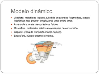 Modelo dinámico
 Litosfera: materiales rígidos. Dividida en grandes fragmentos, placas
  litosféricas que pueden desplazarse unas sobre otras.
 Astenosfera: materiales plásticos fluidos
 Mesosfera: materiales sólidos movimientos de convección.
 Capa D: (zona de transición manto-núcleo).
 Endosfera, núcleo externo e interno.
 