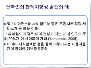 한국인의 관계지향성 발현의 예


 웹 2.0 이전부터 싸이월드와 같은 토종 네트워킹 서
 비스가 큰 붐을 이룸
 : 싸이월드의 경우 이미 전성기 때는 20대 인구의 무
려 90%가 이 사이트에 가입 (Yamamoto, 2006).
 네이버 지식검색란 등을 통해 이루어지는 이용자들
 간의 왕성한 정보공유문화
 