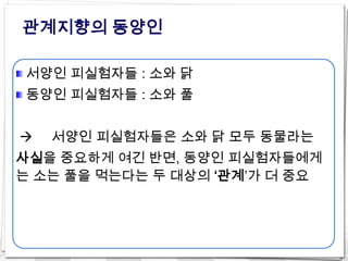 관계지향의 동양인

서양인 피실험자들 : 소와 닭
동양인 피실험자들 : 소와 풀


   서양인 피실험자들은 소와 닭 모두 동물라는
사실을 중요하게 여긴 반면, 동양인 피실험자들에게
는 소는 풀을 먹는다는 두 대상의 ‘관계’가 더 중요
 