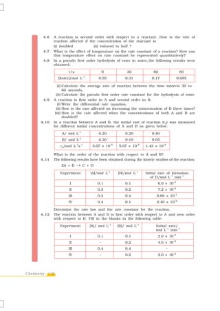 4.6   A reaction is second order with respect to a reactant. How is the rate of
             reaction affected if the concentration of the reactant is
             (i) doubled            (ii) reduced to half ?
       4.7   What is the effect of temperature on the rate constant of a reaction? How can
             this temperature effect on rate constant be represented quantitatively?
       4.8   In a pseudo first order hydrolysis of ester in water, the following results were
             obtained:

                     t/s                        0             30              60               90
                                  –1
                [Ester]/mol L               0.55             0.31            0.17             0.085

                (i) Calculate the average rate of reaction between the time interval 30 to
                    60 seconds.
               (ii) Calculate the pseudo first order rate constant for the hydrolysis of ester.
       4.9   A reaction is first order in A and second order in B.
                (i) Write the differential rate equation.
               (ii) How is the rate affected on increasing the concentration of B three times?
              (iii) How is the rate affected when the concentrations of both A and B are
                    doubled?
      4.10   In a reaction between A and B, the initial rate of reaction (r0) was measured
             for different initial concentrations of A and B as given below:

                  A/ mol L–1                0.20             0.20            0.40
                             –1
                 B/ mol L                   0.30             0.10            0.05
                           –1 –1                    –5               –5
                 r0/mol L s             5.07 × 10        5.07 × 10        1.43 × 10–4

             What is the order of the reaction with respect to A and B?
      4.11   The following results have been obtained during the kinetic studies of the reaction:
                 2A + B    →      C + D

                 Experiment            [A]/mol L–1       [B]/mol L–1      Initial rate of formation
                                                                             of D/mol L–1 min–1
                      I                    0.1               0.1                 6.0 × 10–3
                      II                   0.3               0.2                 7.2 × 10–2
                     III                   0.3               0.4                2.88 × 10–1
                     IV                    0.4               0.1                2.40 × 10–2

             Determine the rate law and the rate constant for the reaction.
      4.12   The reaction between A and B is first order with respect to A and zero order
             with respect to B. Fill in the blanks in the following table:

                 Experiment            [A]/ mol L–1      [B]/ mol L–1           Initial rate/
                                                                                mol L–1 min–1
                      I                    0.1               0.1                 2.0 × 10–2
                      II                    –                0.2                 4.0 × 10–2
                     III                   0.4               0.4                        –
                     IV                     –                0.2                 2.0 × 10–2




Chemistry 118
 