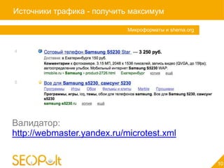 Источники трафика - получить максимум

                            Микроформаты и shema.org




Валидатор:
http://webmaster.yandex.ru/microtest.xml


                                                       10
 