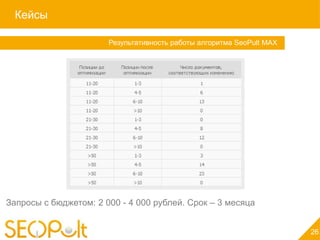 Кейсы

    Услуга «Персональный менеджер»
                          Результативность работы алгоритма SeoPult MAX




Запросы с бюджетом: 2 000 - 4 000 рублей. Срок – 3 месяца


                                                                          26
 
