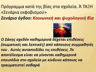Πρόγραμμα κατά τθσ βίασ ςτα ςχολεία. Ά ΤΑΞΗ
«Σενάρια εκφοβιςμοφ»
Σενάριο όγδοο: Κοινωνικι και ψυχολογικι βία



Ο Σάκθσ ςχεδόν κακθμερινά δζχεται επικζςεισ
(ςωματικζσ και λεκτικζσ) από κάποιουσ ςυμμακθτζσ
του . Αυτόσ ανταποδίδει τισ επικζςεισ .Το
αποτζλεςμα είναι να γίνονται κακθμερινά
επειςόδια ςτο ςχολείο με κίνδυνο κάποιοσ να
τραυματιςτεί ςοβαρά
 