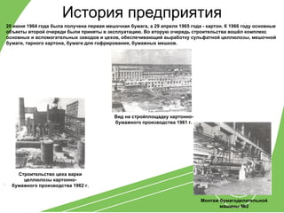 История предприятия
    20 июня 1964 года была получена первая мешочная бумага, а 29 апреля 1965 года - картон. К 1966 году основные
    объекты второй очереди были приняты в эксплуатацию. Во вторую очередь строительства вошёл комплекс
    основных и вспомогательных заводов и цехов, обеспечивающий выработку сульфатной целлюлозы, мешочной
    бумаги, тарного картона, бумаги для гофрирования, бумажных мешков.




                                               Вид на стройплощадку картонно-
                                               бумажного производства 1961 г.




        Строительство цеха варки
          целлюлозы картонно-
.
      бумажного производства 1962 г.


                                                                                 Монтаж бумагоделательной
                                                                                        машины №2
 