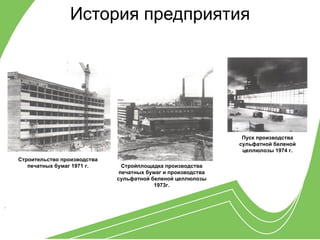 История предприятия




                                                                   Пуск производства
                                                                  сульфатной беленой
                                                                   целлюлозы 1974 г.
    Строительство производства
       печатных бумаг 1971 г.      Стройплощадка производства
                                  печатных бумаг и производства
                                 сульфатной беленой целлюлозы
                                             1973г.


.
 