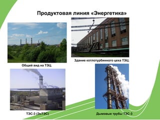 Продуктовая линия «Энергетика»




                    Здание котлотурбинного цеха ТЭЦ.
Общий вид на ТЭЦ.




  ТЭС-3 (ЭнТЭС)                 Дымовые трубы ТЭС-3
 