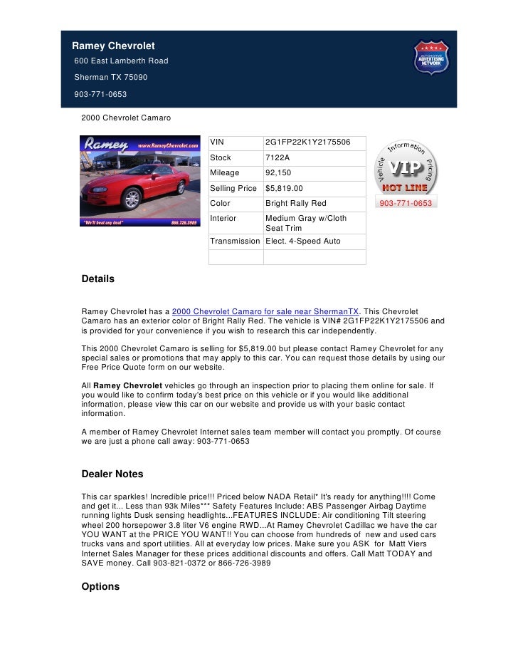 Ramey Chevrolet Sherman Tx >> Used 2000 Chevrolet Camaro For Sale In Sherman Tx Ramey Chevrolet Sherman Tx >> Used 2000 Chevrolet Camaro For Sale In Sherman Tx