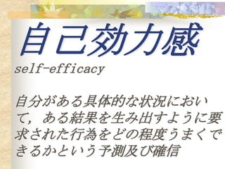 自己効力感
self-efficacy

自分がある具体的な状況におい
て，ある結果を生み出すように要
求された行為をどの程度うまくで
きるかという予測及び確信
 