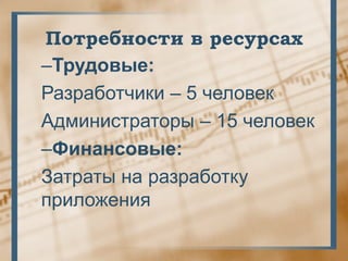 Потребности в ресурсах
–Трудовые:
Разработчики – 5 человек
Администраторы – 15 человек
–Финансовые:
Затраты на разработку
приложения
 