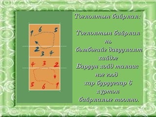Тоглолтын байрлал: 

     Тоглолтын байрлал 
               нь
     бөмбөгийг давуулалт 
             хийдэг
     Баруун хойд талаас  
           нэг гээд  
        хар буруугаар 6 
            хүртэл
      байрлалыг тоолно.
      
 