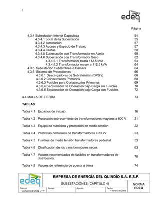 3




                                                                                  Página

       4.3.4 Subestación Interior Capsulada                                        54
             4.3.4.1 Local de la Subestación                                       55
             4.3.4.2 Iluminación                                                   57
             4.3.4.3 Acceso y Espacio de Trabajo                                   57
             4.3.4.4 Celdas                                                        58
             4.3.4.5 Subestación con Transformador en Aceite                       60
             4.3.4.6 Subestación con Transformador Seco                            62
                     4.3.4.6.1 Transformador hasta 112.5 kVA                       64
                     4.3.4.6.2 Transformador mayor a 112.5 kVA                     64
       4.3.5 Subestación Subterránea o Cámara                                      64
       4.3.6 Sistema de Protecciones                                               66
              4.3.6.1 Descargadores de Sobretensión (DPS’s)                        66
              4.3.6.2 Cortacircuitos Primarios                                     68
              4.3.6.3 Fusibles para Cortacircuitos Primarios                       69
              4.3.6.4 Seccionador de Operación bajo Carga sin Fusibles             70
              4.3.6.5 Seccionador de Operación bajo Carga con Fusibles             72

  4.4 MALLA DE TIERRA                                                              73

  TABLAS

  Tabla 4.1 Espacios de trabajo                                                    16

  Tabla 4.2 Protección sobrecorriente de transformadores mayores a 600 V           21

  Tabla 4.3 Equipo de maniobra y protección en media tensión                       22

  Tabla 4.4 Potencias nominales de transformadores a 33 kV                         23

  Tabla 4.5 Fusibles de media tensión transformadores pedestal                     53

  Tabla 4.6 Clasificación de los transformadores secos                             63

  Tabla 4.7 Valores recomendados de fusibles en transformadores de
                                                                                   70
            distribución

  Tabla 4.8 Valores de referencia de puesta a tierra                               74


                           EMPRESA DE ENERGÍA DEL QUINDÍO S.A. E.S.P.
                                SUBESTACIONES (CAPÍTULO 4)                        NORMA
Elaboró:              Revisó:            Aprobó:             Fecha:                EDEQ
  Convenio EDEQ-UTP                                             Febrero de 2009
 