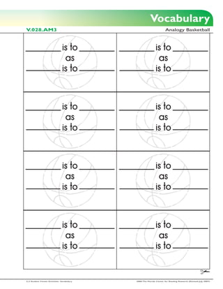 Vocabulary
V.028.AM3                                                            Analogy Basketball



                                is to                       is to
                                 as                          as
                                is to                       is to



                                is to                       is to
                                 as                          as
                                is to                       is to



                                is to                       is to
                                 as                          as
                                is to                       is to



                                is to                       is to
                                 as                          as
                                is to                       is to


2-3 Student Center Activities: Vocabulary   2006 The Florida Center for Reading Research (Revised July, 2007)
 