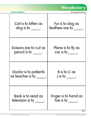 Vocabulary
V.029.AM2a                                                                      Analogy Action




        Cat is to kitten as                    Fur is to dog as
        dog is to _____.                    feathers are to _____.




  Scissors are to cut as                      Plane is to fly as
   pencil is to _____.                         car is to _____.




 Doctor is to patients                             B is to C as
as teacher is to _____.                           J is to _____.




    Book is to read as                      Finger is to hand as
  television is to _____.                      toe is to _____.


2-3 Student Center Activities: Vocabulary       2006 The Florida Center for Reading Research (Revised July, 2007)
 