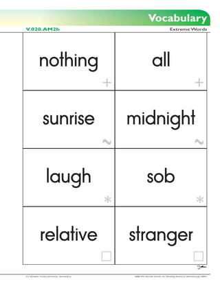 Vocabulary
V.020.AM2b                                                                 Extreme Words




           nothing                                         all


               sunrise                      midnight


                  laugh                               sob


            relative                        stranger

2-3 Student Center Activities: Vocabulary   2006 The Florida Center for Reading Research (Revised July, 2007)
 
