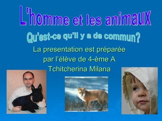 La presentation  est préparée  par l’élève de 4-ème A  Tchitcherina Milana  L'homme et les animaux Qu'est-ce qu'il y a de commun? 