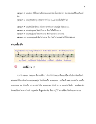 7


        หมายเลข 5 แถบเลื่อน ใช้เลื่อนอ่านข้อความของเอกสารซึ่งเอกสารไม่ สามารถแสดงได้หมดในหน้า
        เดียว
        หมายเลข 6 แถบแสดงสถานะ แสดงการรับข้อมูล (Load) จากเว็บไซต์เข้ามา

        หมายเลข 7 แถบไตเติ้ลบาร์ บอกให้เราทราบว่ากาลังทางานอยู่ ณ โปรแกรมใด
        หมายเลข 8 แถบควบคุมหน้าต่างโปรแกรม สาหรับปิดโปรแกรม
        หมายเลข 9 แถบควบคุมหน้าต่างโปรแกรม สาหรับขยาย/ย่อโปรแกรม
        หมายเลข 10 แถบควบคุมหน้าต่างโปรแกรม สาหรับย่อโปรแกรมเก็บไว้ที่ TASKBAR

แถบเครื่องมือ




                การใช้งาน IE

        IE หรือ Internet Explorer เป็นซอฟต์แวร์ สาหรับใช้งานระบบอินเตอร์เน็ต หรือมักจะนิยมเรียกว่า

Browser ที่มีมาพร้อมกับ Windows ทุกรุ่น โดยที่หากเป็น Windows98 Thai ก็จะมี IE4.0 แถมมาด้วย หากเป็น

Windows98 SE ก็จะเป็น IE5.0 และถ้าเป็น WindowsMe ก็จะมี IE5.5 แถมมาให้ ดังนั้น หากคิดจะเล่น
อินเตอร์เน็ตด้วย IE แล้วละก็ มาดูเทคนิค พื้นฐานเบื้องต้น ที่ควรจะรู้ไว้ ในการใช้ IE ให้เต็มความสามารถ
 