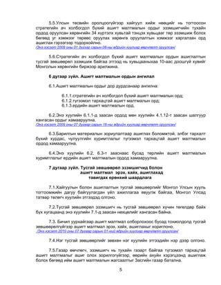 5.5.Улсын төсвийн оролцоогүйгээр хайгуул хийж нөөцийг нь тогтоосон
стратегийн ач холбогдол бүхий ашигт малтмалын ордыг эзэмшигчийн тухайн
ордод оруулсан хөрөнгийн 34 хүртэлх хувьтай тэнцэх хувьцааг төр эзэмшиж болох
бөгөөд уг хэмжээг төрөөс оруулах хөрөнгө оруулалтын хэмжээг харгалзан орд
ашиглах гэрээгээр тодорхойлно.
/Энэ хэсэгт 2009 оны 01 дүгээр сарын 08-ны өдрийн хуулиар өөрчлөлт оруулсан/

      5.6.Стратегийн ач холбогдол бүхий ашигт малтмалын ордын ашиглалтын
тусгай зөвшөөрөл эзэмшиж байгаа этгээд нь хувьцааныхаа 10-аас доошгүй хувийг
Монголын хөрөнгийн биржээр арилжина.

       6 дугаар зүйл. Ашигт малтмалын ордын ангилал

       6.1.Ашигт малтмалын ордыг дор дурдсанаар ангилна:

              6.1.1.стратегийн ач холбогдол бүхий ашигт малтмалын орд;
              6.1.2.түгээмэл тархацтай ашигт малтмалын орд;
              6.1.3.ердийн ашигт малтмалын орд.

      6.2.Энэ хуулийн 6.1.1-д заасан ордод мөн хуулийн 4.1.12-т заасан шалгуур
хангасан ордыг хамааруулна.
/Энэ хэсэгт 2009 оны 07 дугаар сарын 16-ны өдрийн хуулиар өөрчлөлт оруулсан/

      6.3.Барилгын материалын зориулалтаар ашиглах боломжтой, элбэг тархалт
бүхий хурдас, чулуулгийн хуримтлалыг түгээмэл тархацтай ашигт малтмалын
ордод хамааруулна.

     6.4.Энэ хуулийн 6.2, 6.3-т зааснаас бусад төрлийн ашигт малтмалын
хуримтлалыг ердийн ашигт малтмалын ордод хамааруулна.

       7 дугаар зүйл. Тусгай зөвшөөрөл эзэмшигчид болон
                      ашигт малтмал эрэх, хайх, ашиглахад
                         тавигдах ерөнхий шаардлага

      7.1.Хайгуулын болон ашиглалтын тусгай зөвшөөрлийг Монгол Улсын хууль
тогтоомжийн дагуу байгуулагдан үйл ажиллагаа явуулж байгаа, Монгол Улсад
татвар төлөгч хуулийн этгээдэд олгоно.

      7.2.Тусгай зөвшөөрөл эзэмшигч нь тусгай зөвшөөрөл хүчин төгөлдөр байх
бүх хугацаанд энэ хуулийн 7.1-д заасан нөхцөлийг хангасан байна.

     7.3. Бичил уурхайгаар ашигт малтмал олборлохоос бусад тохиолдолд тусгай
зөвшөөрөлгүйгээр ашигт малтмал эрэх, хайх, ашиглахыг хориглоно.
/Энэ хэсэгт 2010 оны 07 дугаар сарын 01-ний өдрийн хуулиар өөрчлөлт оруулсан/

       7.4.Нэг тусгай зөвшөөрлийг зөвхөн нэг хуулийн этгээдийн нэр дээр олгоно.

      7.5.Газар өмчлөгч, эзэмшигч нь тухайн газарт байгаа түгээмэл тархацтай
ашигт малтмалыг ашиг олох зорилгогүйгээр, өөрийн ахуйн хэрэгцээнд ашиглаж
болох бөгөөд ийм ашигт малтмалын жагсаалтыг Засгийн газар батална.

                                             5
 