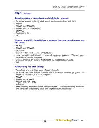 2004 BC Water Conservation Survey


Q20B. continued
Reducing losses in transmission and distribution systems:
• As above, we are replacing all old cast iron distribution lines with PVC.
• AWWA
• AWWA and BCWWA.
• AWWA and Epcor expertise.
• BCWWA
• Engineering firm.
• IWA

Water accountability / establishing a metering plan to account for water use
and losses:
• Ad hoc
• AWWA and BCWWA.
• BCWWA
• District of Port Hardy and an EPCOR plan.
• Have started industrial and commercial metering program. We are about
  seventy-five percent complete.
• Only commercial on meters. No funds to put residential on meters.
• Self

Water pricing and rates setting:
• Agriculture only and this was developed internally.
• As above, we have started industrial and commercial metering program. We
  are about seventy-five percent complete.
• AWWA
• AWWA and BCWWA
• AWWA and Port Hardy.
• In-house
• Staff currently amending water bylaw and fees. Consistently being monitored
  and compared to operating costs and neighboring municipalities.




                                   24
 