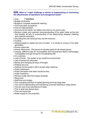 2004 BC Water Conservation Survey


Q26. What is 1 major challenge or barrier to implementing or maximizing
the effectiveness of operations and management tools?

• Cost          7 mentions
• Budget constraints.
• Budget to complete residential metering.
• Cost and public acceptance.
• Cost of implementation.
• Council and old habits, tax dollars and most do not want to pay.
• Decision maker and customer misunderstanding of the water meter as the tool
  that benefits all lack of understanding of the relationships between metering
  and customer education.
• Educating the user because they use the resource.
• Funding
• Getting people to realize the price of water. It is harder to convey to the older
  generation.
• Human resources.
• Human Resources. One person to develop plans for all infrastructures.
• Inequity, different rules for municipalities and improvement district mismanaged
  municipalities and get money for not operating well.
• It is voluntary.
• Lack of funds. The system is too small to be economical.
• Lack of personnel resources.
• Money and changing old ways of thought.
• Political and cost.
• Political and the public’s will to accept water metering.
• Public awareness.
• Public perception that water should be free.
• Public resistance.
• Remove scale rates from bylaw schedule.
• Resources
• Staff time and budget.
• The competing priorities of capital planning and long range plan.
• The cost of implementing and maintaining universal metering is major barrier.
• The low cost of and abundance of water.
• This is what was always done.
• Time and resources.
• Water supply for fire protection.




                                  33
 