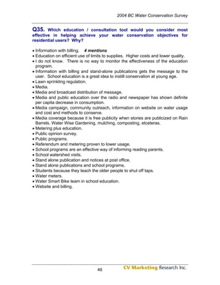 2004 BC Water Conservation Survey


Q35.    Which education / consultation tool would you consider most
effective in helping achieve your water conservation objectives for
residential users? Why?

• Information with billing. 4 mentions
• Education on efficient use of limits to supplies. Higher costs and lower quality.
• I do not know. There is no way to monitor the effectiveness of the education
  program.
• Information with billing and stand-alone publications gets the message to the
  user. School education is a great idea to instill conservation at young age.
• Lawn sprinkling regulation.
• Media.
• Media and broadcast distribution of message.
• Media and public education over the radio and newspaper has shown definite
  per capita decrease in consumption.
• Media campaign, community outreach, information on website on water usage
  and cost and methods to conserve.
• Media coverage because it is free publicity when stories are publicized on Rain
  Barrels, Water Wise Gardening, mulching, composting, etceteras.
• Metering plus education.
• Public opinion survey.
• Public programs.
• Referendum and metering proven to lower usage.
• School programs are an effective way of informing reading parents.
• School watershed visits.
• Stand alone publication and notices at post office.
• Stand alone publications and school programs.
• Students because they teach the older people to shut off taps.
• Water meters.
• Water Smart Bike team in school education.
• Website and billing.




                                  46
 