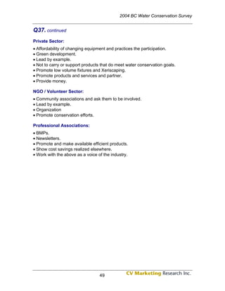 2004 BC Water Conservation Survey


Q37. continued
Private Sector:
• Affordability of changing equipment and practices the participation.
• Green development.
• Lead by example.
• Not to carry or support products that do meet water conservation goals.
• Promote low volume fixtures and Xeriscaping.
• Promote products and services and partner.
• Provide money.

NGO / Volunteer Sector:
• Community associations and ask them to be involved.
• Lead by example.
• Organization
• Promote conservation efforts.

Professional Associations:
• BMPs.
• Newsletters.
• Promote and make available efficient products.
• Show cost savings realized elsewhere.
• Work with the above as a voice of the industry.




                                  49
 