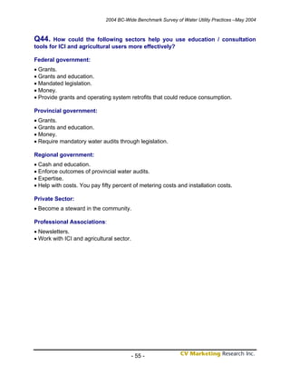 2004 BC-Wide Benchmark Survey of Water Utility Practices –May 2004



Q44.    How could the following sectors help you use education / consultation
tools for ICI and agricultural users more effectively?

Federal government:
• Grants.
• Grants and education.
• Mandated legislation.
• Money.
• Provide grants and operating system retrofits that could reduce consumption.

Provincial government:
• Grants.
• Grants and education.
• Money.
• Require mandatory water audits through legislation.

Regional government:
• Cash and education.
• Enforce outcomes of provincial water audits.
• Expertise.
• Help with costs. You pay fifty percent of metering costs and installation costs.

Private Sector:
• Become a steward in the community.

Professional Associations:
• Newsletters.
• Work with ICI and agricultural sector.




                                           - 55 -
 