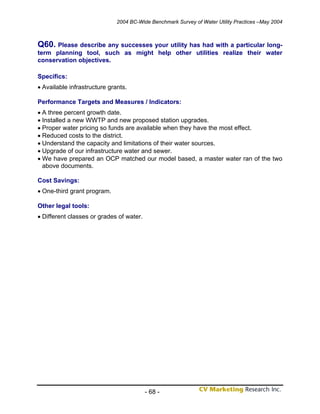 2004 BC-Wide Benchmark Survey of Water Utility Practices –May 2004



Q60. Please describe any successes your utility has had with a particular long-
term planning tool, such as might help other utilities realize their water
conservation objectives.

Specifics:
• Available infrastructure grants.

Performance Targets and Measures / Indicators:
• A three percent growth date.
• Installed a new WWTP and new proposed station upgrades.
• Proper water pricing so funds are available when they have the most effect.
• Reduced costs to the district.
• Understand the capacity and limitations of their water sources.
• Upgrade of our infrastructure water and sewer.
• We have prepared an OCP matched our model based, a master water ran of the two
  above documents.

Cost Savings:
• One-third grant program.

Other legal tools:
• Different classes or grades of water.




                                          - 68 -
 