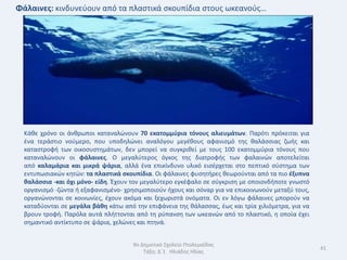 Φάλαινεσ: κινδυνεφουν από τα πλαςτικά ςκουπίδια ςτουσ ωκεανοφσ…




  Κάκε χρόνο οι άνκρωποι καταναλϊνουν 70 εκατομμφρια τόνουσ αλιευμάτων. Παρότι πρόκειται για
  ζνα τεράςτιο νοφμερο, που υποδθλϊνει αναλόγου μεγζκουσ αφανιςμό τθσ καλάςςιασ ηωισ και
  καταςτροφι των οικοςυςτθμάτων, δεν μπορεί να ςυγκρικεί με τουσ 100 εκατομμφρια τόνουσ που
  καταναλϊνουν οι φάλαινεσ. Ο μεγαλφτεροσ όγκοσ τθσ διατροφισ των φαλαινϊν αποτελείται
  από καλαμάρια και μικρά ψάρια, αλλά ζνα επικίνδυνο υλικό ειςζρχεται ςτο πεπτικό ςφςτθμα των
  εντυπωςιακϊν κθτϊν: τα πλαςτικά ςκουπίδια. Οι φάλαινεσ φυςθτιρεσ κεωροφνται από τα πιο ζξυπνα
  καλάςςια -και όχι μόνο- είδθ. Ζχουν τον μεγαλφτερο εγκζφαλο ςε ςφγκριςθ με οποιονδιποτε γνωςτό
  οργανιςμό -ηϊντα ι εξαφανιςμζνο- χρθςιμοποιοφν ιχουσ και ςόναρ για να επικοινωνοφν μεταξφ τουσ,
  οργανϊνονται ςε κοινωνίεσ, ζχουν ακόμα και ξεχωριςτά ονόματα. Οι εν λόγω φάλαινεσ μποροφν να
  καταδφονται ςε μεγάλα βάκθ κάτω από τθν επιφάνεια τθσ κάλαςςασ, ζωσ και τρία χιλιόμετρα, για να
  βρουν τροφι. Παρόλα αυτά πλιττονται από τθ ρφπανςθ των ωκεανϊν από το πλαςτικό, θ οποία ζχει
  ςθμαντικό αντίκτυπο ςε ψάρια, χελϊνεσ και πτθνά.


                                      9ο Δθμοτικό Σχολείο Πτολεμαΐδασ
                                                                                                    41
                                          Τάξθ: Δϋ1 Θλιάδθσ Θλίασ
 