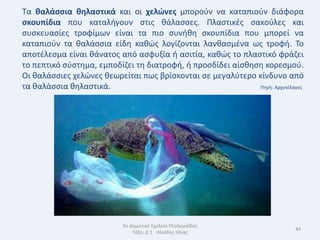 Τα καλάςςια κθλαςτικά και οι χελϊνεσ μποροφν να καταπιοφν διάφορα
ςκουπίδια που καταλιγουν ςτισ κάλαςςεσ. Πλαςτικζσ ςακοφλεσ και
ςυςκευαςίεσ τροφίμων είναι τα πιο ςυνικθ ςκουπίδια που μπορεί να
καταπιοφν τα καλάςςια είδθ κακϊσ λογίηονται λανκαςμζνα ωσ τροφι. Το
αποτζλεςμα είναι κάνατοσ από αςφυξία ι αςιτία, κακϊσ το πλαςτικό φράηει
το πεπτικό ςφςτθμα, εμποδίηει τθ διατροφι, ι προςδίδει αίςκθςθ κορεςμοφ.
Οι καλάςςιεσ χελϊνεσ κεωρείται πωσ βρίςκονται ςε μεγαλφτερο κίνδυνο από
τα καλάςςια κθλαςτικά.                                       Πθγι: Αρχιπζλαγοσ




                           9ο Δθμοτικό Σχολείο Πτολεμαΐδασ
                                                                           44
                               Τάξθ: Δϋ1 Θλιάδθσ Θλίασ
 