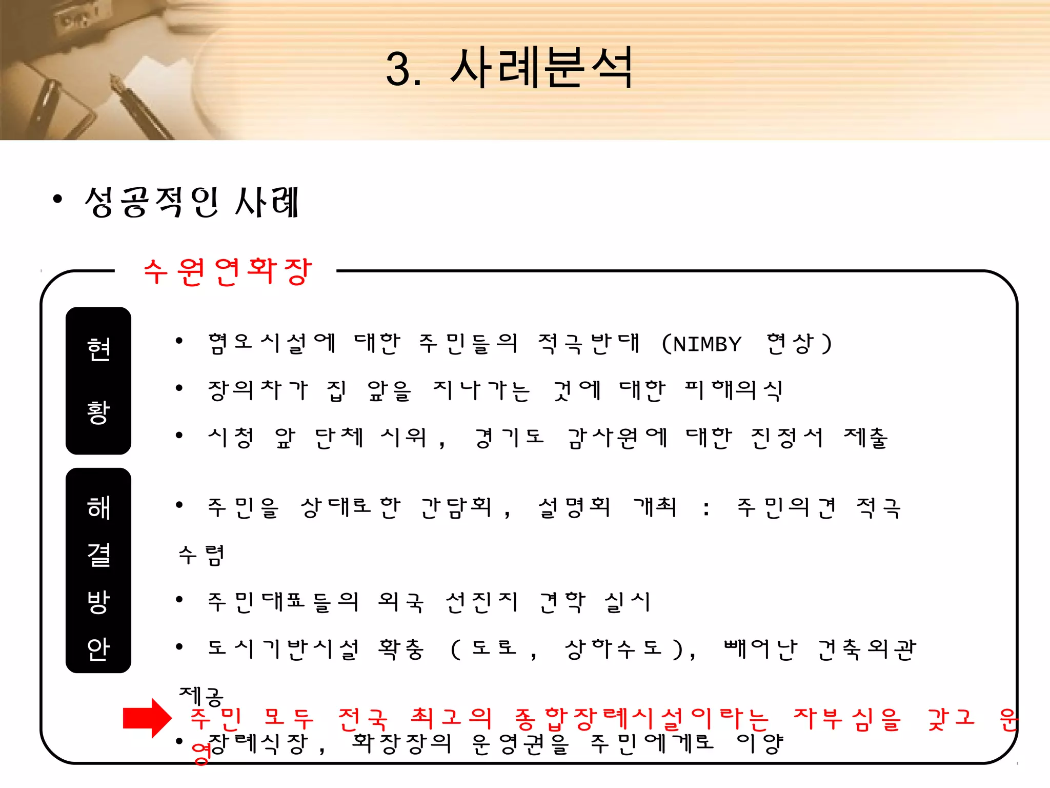 3. 사례분석

• 성공적인 사례

     수원연화장

 현    • 혐오시설에 대한 주민들의 적극반대 (NIMBY 현상 )
      • 장의차가 집 앞을 지나가는 것에 대한 피해의식
 황
      • 시청 앞 단체 시위 , 경기도 감사원에 대한 진정서 제출

 해    • 주민을 상대로한 간담회 , 설명회 개최 : 주민의견 적극
 결    수렴
 방    • 주민대표들의 외국 선진지 견학 실시
 안    • 도시기반시설 확충 ( 도로 , 상하수도 ), 빼어난 건축외관
      제공
       주민 모두 전국 최고의 종합장례시설이라는 자부심을 갖고 운
      •영장례식장 , 화장장의 운영권을 주민에게로 이양
 