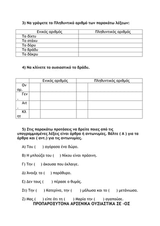 3) Να γράψετε το Πληθυντικό αριθμό των παρακάτω λέξεων:

              Ενικός αριθμός                          Πληθυντικός αριθμός
  Το   δίχτυ
  Το   στάχυ
  Το   δόρυ
  Το   βράδυ
  Το   δάκρυ


  4) Να κλίνετε το ουσιαστικό το βράδυ.


                 Ενικός αριθμός                   Πληθυντικός αριθμός
   Ον
ομ.
   Γεν
.
   Αιτ
.
   Κλ
ητ


  5) Στις παρακάτω προτάσεις να βρείτε ποιες από τις
υπογραμμισμένες λέξεις είναι άρθρα ή αντωνυμίες. Βάλτε ( Α ) για τα
άρθρα και ( αντ.) για τις αντωνυμίες.

  Α) Του (      ) αγόρασα ένα δώρο.

  Β) Η μπλούζα του (        ) Νίκου είναι πράσινη.

  Γ) Την (      ) άκουσα που έκλαιγε.

  Δ) Άνοιξε το (      ) παράθυρο.

  Ε) Δεν τους (       ) πέρασε ο θυμός.

  Στ) Την (       ) Κατερίνα, την (       ) μάλωσα και το (      ) μετάνιωσα.

  Ζ) Μας (       ) είπε ότι τη (      ) Μαρία την (       ) αγαπούσε.
         ΠΡΟΠΑΡΟΞΥΤΟΝΑ ΑΡΣΕΝΙΚΑ ΟΥΣΙΑΣΤΙΚΑ ΣΕ –ΟΣ
 