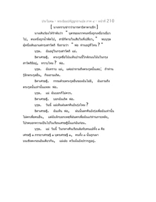 ประโยค๒   -   พระธัมมปทัฏฐกถำแปล ภำค ๔           -    หน้ำที่   210
                       [   นำงทรำบข่ำวว่ำมำรดำบิดำตำยอีก            ]
         นำงเดินร้องไห้รำำพันว่ำ        "   บุตรของเรำคนหนึ่งถูกเหยี่ยวเฉี่ยว
ไป, ตนหนึ่งถูกนำ้ำพัดไป, สำมีก็ตำยในเสียในที่เปลี่ยว,              "       พบบุรุษ
ผู้หนึ่งเดินมำแต่กรุงสำวัตถี จึงถำมว่ำ        "   พ่อ ท่ำนอยู่ที่ไหน   ?"
         บุรุษ.     ฉันอยู่ในกรุงสำวัตถี แม่.
         ธิดำเศรษฐี.       ตระกูลชื่อโน้นเห็นปำนนี้ใกล้ถนนโน้นในกรุง
สำวัตถีมีอยู่, ทรำบไหม      ?    พ่อ.
         บุรุษ.     ฉันทรำบ แม่, แต่อย่ำถำมถึงตระกูลนั้นเลย; ถ้ำท่ำน
รู้จักตระกูลอื่น, ก็จงถำมเถิด.
         ธิดำเศรษฐี.       กรรมด้วยตระกูลอื่นของฉันไม่มี,              ฉันถำมถึง
ตระกูลนั้นเท่ำนั้นแหละ พ่อ.
         บุรุษ.     แม่ ฉันบอกก็ไม่ควร.
         ธิดำเศรษฐี.       บอกฉันเถิด พ่อ.
         บุรุษ.     วันนี้ แม่เห็นฝนตกคืนยันรุ่งไหม        ?
         ธิดำเศรษฐี.       ฉันเห็น พ่อ,           ฝนนั้นตกคืนยังรุ่งเพื่อฉันเท่ำนั้น
ไม่ตกเพื่อคนอื่น,    แต่ฉันจักบอกเหตุที่ฝนตกเพื่อฉันแก่ท่ำนภำยหลัง,
โปรดบอกควำมเป็นไปในเรือนเศรษฐีนั้นแก่ฉันก่อน.
         บุรุษ.     แม่ วันนี้ ในกลำงคืนเรือนล้มทับคนแม้ทง ๓ คือ
                                                         ั้
เศรษฐี ๑ ภรรยำเศรษฐี ๑ บุตรเศรษฐี ๑, คนทั้ง ๓ นั้นถูกเผำ
บนเชิงตะกอนอันเดียวกัน,          แม่เอ๋ย ควันนั่นยังปรำกฏอยู่.
 