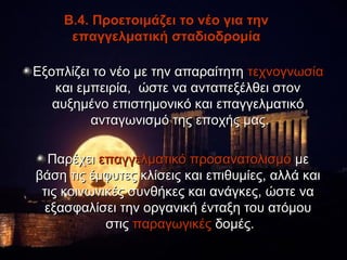 Β.4. Προετοιμάζει το νέο για την
     επαγγελματική σταδιοδρομία

Εξοπλίζει το νέο με την απαραίτητη τεχνογνωσία
   και εμπειρία, ώστε να ανταπεξέλθει στον
   αυξημένο επιστημονικό και επαγγελματικό
         ανταγωνισμό της εποχής μας.

  Παρέχει επαγγελματικό προσανατολισμό με
βάση τις έμφυτες κλίσεις και επιθυμίες, αλλά και
 τις κοινωνικές συνθήκες και ανάγκες, ώστε να
 εξασφαλίσει την οργανική ένταξη του ατόμου
            στις παραγωγικές δομές.
 