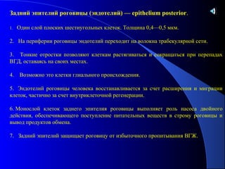 Задний эпителий роговицы (эндотелий) — epithelium posterior.

1.   Один слой плоских шестиугольных клеток. Толщина 0,4—0,5 мкм.

2. На периферии роговицы эндотелий переходит на волокна трабекулярной сети.

3. Тонкие отростки позволяют клеткам растягиваться и сокращаться при перепадах
ВГД, оставаясь на своих местах.

4.    Возможно это клетки глиального происхождения.

5. Эндотелий роговицы человека восстанавливается за счет расширения и миграции
клеток, частично за счет внутриклеточной регенерации.

6. Монослой клеток заднего эпителия роговицы выполняет роль насоса двойного
действия, обеспечивающего поступление питательных веществ в строму роговицы и
вывод продуктов обмена.

7. Задний эпителий защищает роговицу от избыточного пропитывания ВГЖ.
 