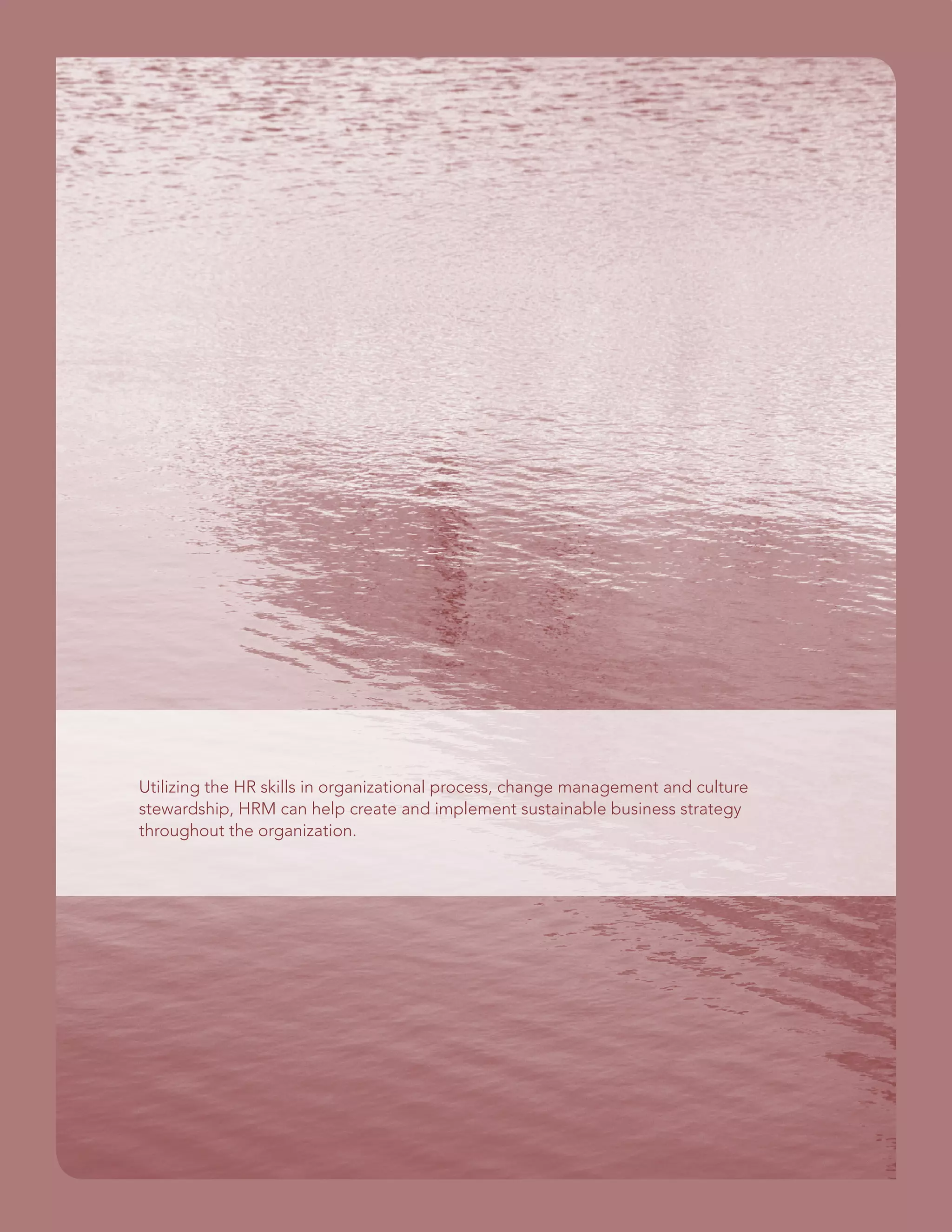 Utilizing the HR skills in organizational process, change management and culture
stewardship, HRM can help create and implement sustainable business strategy
throughout the organization.
 