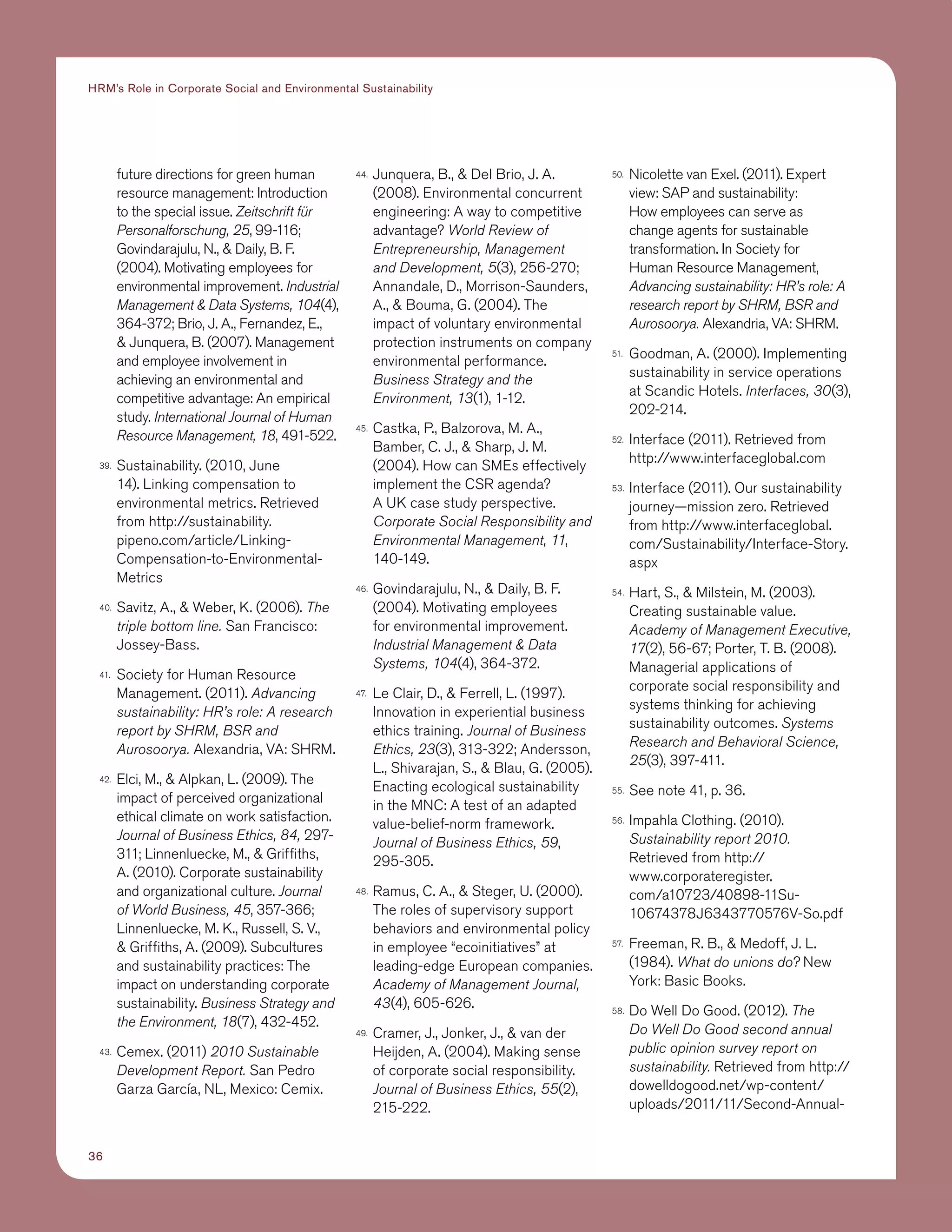 36
HRM’s Role in Corporate Social and Environmental Sustainability
future directions for green human
resource management: Introduction
to the special issue. Zeitschrift für
Personalforschung, 25, 99-116;
Govindarajulu, N.,  Daily, B. F.
(2004). Motivating employees for
environmental improvement. Industrial
Management  Data Systems, 104(4),
364-372; Brio, J. A., Fernandez, E.,
 Junquera, B. (2007). Management
and employee involvement in
achieving an environmental and
competitive advantage: An empirical
study. International Journal of Human
Resource Management, 18, 491-522.
39.	 Sustainability. (2010, June
14). Linking compensation to
environmental metrics. Retrieved
from http://sustainability.
pipeno.com/article/Linking-
Compensation-to-Environmental-
Metrics
40.	 Savitz, A.,  Weber, K. (2006). The
triple bottom line. San Francisco:
Jossey-Bass.
41.	 Society for Human Resource
Management. (2011). Advancing
sustainability: HR’s role: A research
report by SHRM, BSR and
Aurosoorya. Alexandria, VA: SHRM.
42.	 Elci, M.,  Alpkan, L. (2009). The
impact of perceived organizational
ethical climate on work satisfaction.
Journal of Business Ethics, 84, 297-
311; Linnenluecke, M.,  Griffiths,
A. (2010). Corporate sustainability
and organizational culture. Journal
of World Business, 45, 357-366;
Linnenluecke, M. K., Russell, S. V.,
 Griffiths, A. (2009). Subcultures
and sustainability practices: The
impact on understanding corporate
sustainability. Business Strategy and
the Environment, 18(7), 432-452.
43.	 Cemex. (2011) 2010 Sustainable
Development Report. San Pedro
Garza García, NL, Mexico: Cemix.
44.	 Junquera, B.,  Del Brio, J. A.
(2008). Environmental concurrent
engineering: A way to competitive
advantage? World Review of
Entrepreneurship, Management
and Development, 5(3), 256-270;
Annandale, D., Morrison-Saunders,
A.,  Bouma, G. (2004). The
impact of voluntary environmental
protection instruments on company
environmental performance.
Business Strategy and the
Environment, 13(1), 1-12.
45.	 Castka, P., Balzorova, M. A.,
Bamber, C. J.,  Sharp, J. M.
(2004). How can SMEs effectively
implement the CSR agenda?
A UK case study perspective.
Corporate Social Responsibility and
Environmental Management, 11,
140-149.
46.	 Govindarajulu, N.,  Daily, B. F.
(2004). Motivating employees
for environmental improvement.
Industrial Management  Data
Systems, 104(4), 364-372.
47.	 Le Clair, D.,  Ferrell, L. (1997).
Innovation in experiential business
ethics training. Journal of Business
Ethics, 23(3), 313-322; Andersson,
L., Shivarajan, S.,  Blau, G. (2005).
Enacting ecological sustainability
in the MNC: A test of an adapted
value-belief-norm framework.
Journal of Business Ethics, 59,
295-305.
48.	 Ramus, C. A.,  Steger, U. (2000).
The roles of supervisory support
behaviors and environmental policy
in employee “ecoinitiatives” at
leading-edge European companies.
Academy of Management Journal,
43(4), 605-626.
49.	 Cramer, J., Jonker, J.,  van der
Heijden, A. (2004). Making sense
of corporate social responsibility.
Journal of Business Ethics, 55(2),
215-222.
50.	 Nicolette van Exel. (2011). Expert
view: SAP and sustainability:
How employees can serve as
change agents for sustainable
transformation. In Society for
Human Resource Management,
Advancing sustainability: HR’s role: A
research report by SHRM, BSR and
Aurosoorya. Alexandria, VA: SHRM.
51.	 Goodman, A. (2000). Implementing
sustainability in service operations
at Scandic Hotels. Interfaces, 30(3),
202-214.
52.	 Interface (2011). Retrieved from
http://www.interfaceglobal.com
53.	 Interface (2011). Our sustainability
journey—mission zero. Retrieved
from http://www.interfaceglobal.
com/Sustainability/Interface-Story.
aspx
54.	 Hart, S.,  Milstein, M. (2003).
Creating sustainable value.
Academy of Management Executive,
17(2), 56-67; Porter, T. B. (2008).
Managerial applications of
corporate social responsibility and
systems thinking for achieving
sustainability outcomes. Systems
Research and Behavioral Science,
25(3), 397-411.
55.	 See note 41, p. 36.
56.	 Impahla Clothing. (2010).
Sustainability report 2010.
Retrieved from http://
www.corporateregister.
com/a10723/40898-11Su-
10674378J6343770576V-So.pdf
57.	 Freeman, R. B.,  Medoff, J. L.
(1984). What do unions do? New
York: Basic Books.
58.	 Do Well Do Good. (2012). The
Do Well Do Good second annual
public opinion survey report on
sustainability. Retrieved from http://
dowelldogood.net/wp-content/
uploads/2011/11/Second-Annual-
 