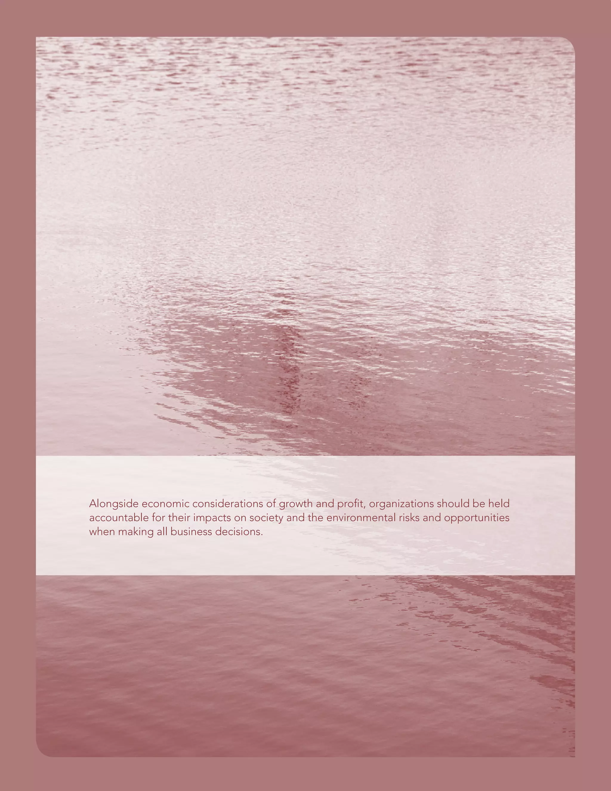 Alongside economic considerations of growth and profit, organizations should be held
accountable for their impacts on society and the environmental risks and opportunities
when making all business decisions.
 