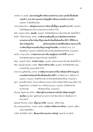 34

กรมวิชาการ. (2546). พระราชบัญญัติการศึกษาแห่งชาติ พ.ศ.2542 และที่แก้ไขเพิ่มเติม
        (ฉบับที่ 2) พ.ศ.2545 และพระราชบัญญัติการศึกษาภาคบังคับ พ.ศ.2545.
        กรุงเทพฯ: โรงพิมพ์อักษรไทย.
กระทรวงศึกษาธิการ. หลักสูตรแกนกลางการศึกษาขั้นพื้นฐาน พุทธศักราช 2551. กรุงเทพฯ:
        โรงพิมพ์ชุมนุมสหกรณ์การเกษตรแห่งประเทศไทย จากัด.
ฆนัท ธาตุทอง.(2554). สอนคิด. กรุงเทพฯ: สานักพิมพ์จุฬาลงกรณ์มหาวิทยาลัย. พิมพ์ครั้งที่ 2.
จีรภัทร กีรติดาเกิงสกุล. (2552). การศึกษาผลสัมฤทธิ์ทางการเรียนวิทยาศาสตร์และ
        ความสามารถในการคิดแก้ปัญหาของนักเรียนชั้นมัธยมศึกษาปีที่ 2 ที่ได้รับการ
        จัดการเรียนรู้ ด้วย              ชุดกิจกรรมวิทยาศาสตร์ที่ส่งเสริมความสามารถใน
        การคิดแก้ปัญหาตามหลักปรัชญาเศรษฐกิจพอเพียง. สารนิพนธ์ กศ.ม. (การ
        มัธยมศึกษา) กรุงเทพฯ: บัณฑิตวิทยาลัย มหาวิทยาลัยศรีนครินทรวิโรฒ. ถ่ายเอกสาร.
ชนาธิป พรกุล.(2554). การสอนกระบวนการคิด ทฤษฎีและการนาไปใช้. กรุงเทพฯ:
        สานักพิมพ์แห่งจุฬาลงกรณ์มหาวิทยาลัย. พิมพ์ครั้งที่ 1.
ทิศนา แขมมณี. (2552). ศาสตร์การสอน. กรุงเทพฯ: จุฬาลงกรณมหาวิทยาลัย. พิมพ์ครั้งที่ 10.
ทิศนา แขมมณี และคณะ. (2544). วิทยาการด้านการคิด. กรุงเทพฯ: สานักพิมพ์บริษัท เดอะ
        มาสเตอร์กรุ๊ป แมนเนจเม้นท์ จากัด.
ธรรมราช บุญทิพย์เจริญ. (2553). การพัฒนาความสามารถในการคิดอย่างมีวิจารณญาณ
        ทางคณิตศาสตร์ของนักเรียนชั้นมัธยมศึกษาปีที่ 2. สารนิพนธ์ กศ.ม. (จิตวิทยาการ
        แนะแนว). กรุงเทพฯ: บัณฑิตวิทยาลัย มหาวิทยาลัยศรีนครินทรวิโรฒ. ถ่ายเอกสาร.
นุศรา ประสงค์ยิ่ง.(2552). โปรแกรมพัฒนาความสามารถในการคิดอย่างมีวิจารณญาณในการรับ
        ข้อมูลข่าวสาร. สารนิพนธ์ กศ.ม. (จิตวิทยาแนะแนว). กรุงเทพฯ: บัณฑิตวิทยาลัย
        มหาวิทยาลัย               ศรีนครินทรวิโรฒ. ถ่ายเอกสาร.
ปรียานุช พิบูลสราวุธ.(2550). “พัฒนาผู้นาตามรอยพระราชดารัส ปรัชญาเศรษฐกิจ
        พอเพียง.กรุงเทพฯ: ศูนย์ประสานงานกลางการดาเนินงานโครงการอันเนื่องมาจาก
        พระราชดาริ.
ยุทธพงษ์ กัยวรรณ์. (2543). พื้นฐานการวิจัย. กรุงเทพฯ : สุวีริยาสาส์น.
ล้วน สายยศและอังคณา สายยศ. (2538). เทคนิคการวิจัยทางการศึกษา. กรุงเทพฯ: สุวีริยา
        สาส์น. พิมพ์ครั้งที่ 5.
วรวิทย์ นิเทศศิลป์. (2551). สื่อและนวัตกรรมแห่งการเรียนรู้. ปทุมธานี: สกายบุ๊กส์.
 