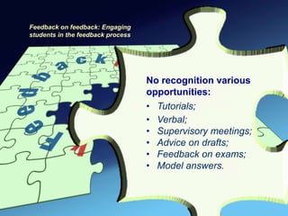 Feedback on feedback: Engaging
students in the feedback process




                                   No recognition various
                                   opportunities:
                                   • Tutorials;
                                   • Verbal;
                                   • Supervisory meetings;
                                   • Advice on drafts;
                                   • Feedback on exams;
                                   • Model answers.
 