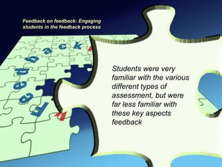 Feedback on feedback: Engaging
students in the feedback process




                                   Students were very
                                   familiar with the various
                                   different types of
                                   assessment, but were
                                   far less familiar with
                                   these key aspects
                                   feedback
 